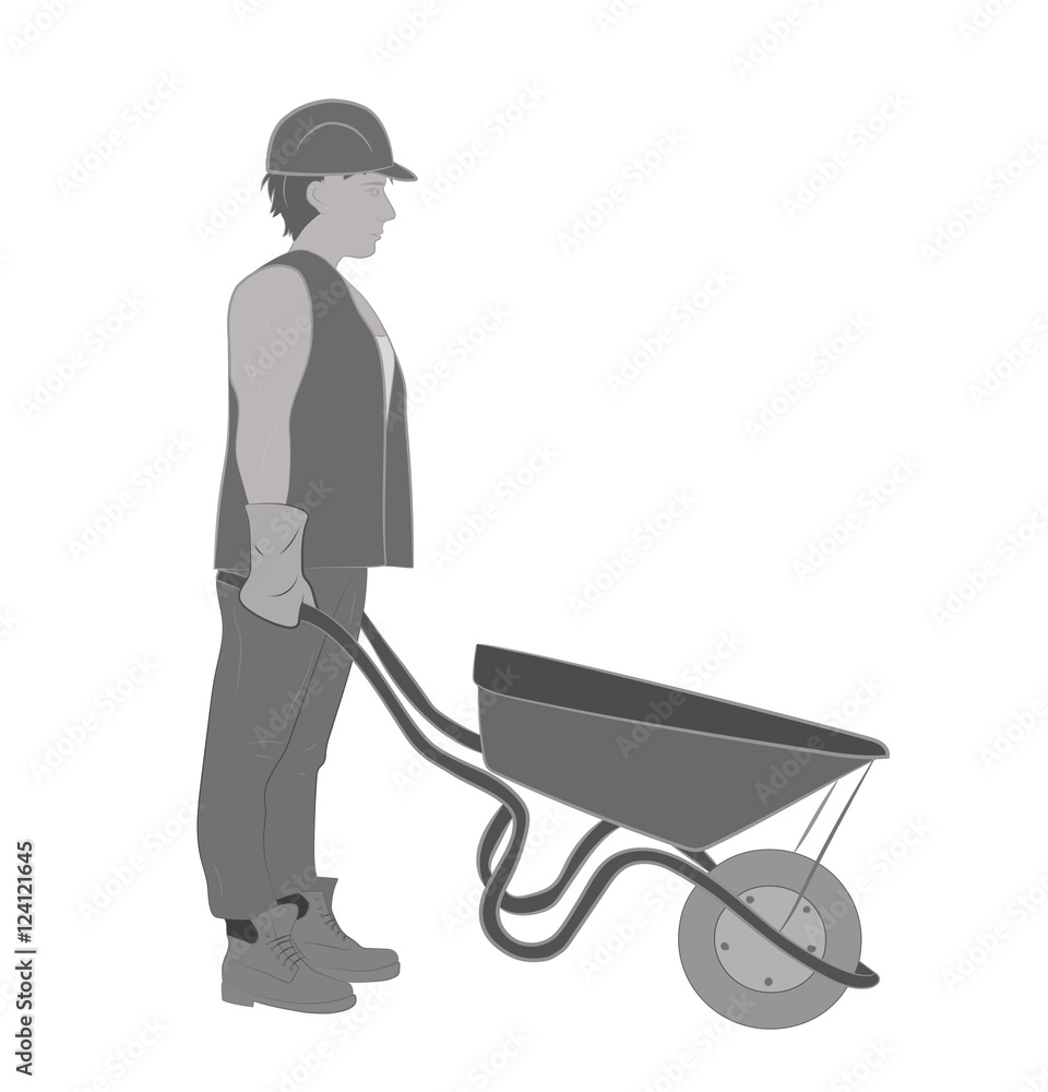 Builder (working) with a wheelbarrow vector illustration.