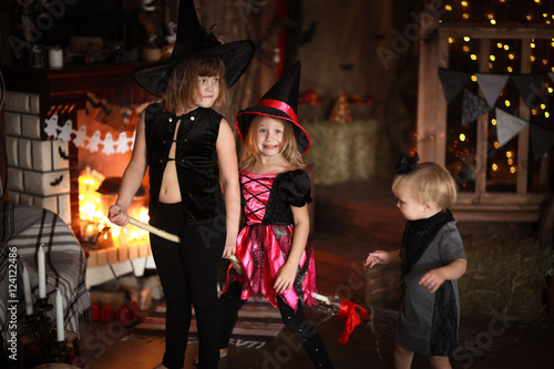 sisters Girls witch with broom . Halloween