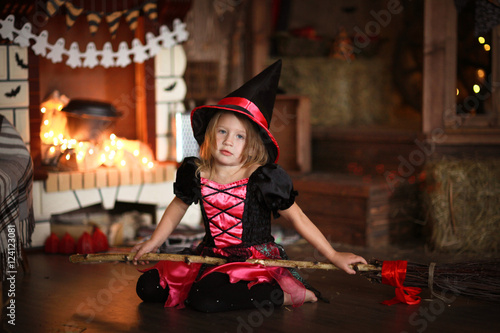 Girl fairy, witch flying on a broomstick. children Halloween