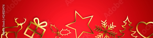 Gold Christmas decorations banner on red background