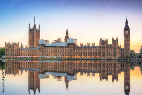Big Ben and Westminster Palace in London at sunset, UK