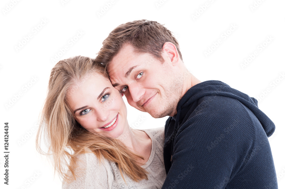 Happy couple posing as being lovely and joyful Happy couple posing as being lovely and joyful