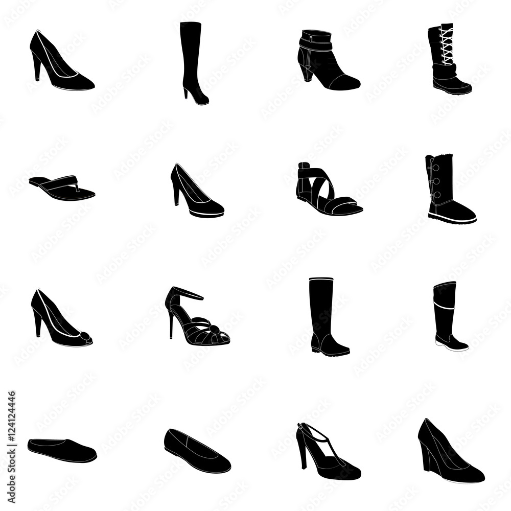 Footwear. Woman's footwear set, footwear silhouettes, white details. Names:  ankle boot, ballerina, flip-flop, heel-strap sandals, footwear, plateau  pumps, sandals, snow boots, thigh-boots, T-strap. Stock Vector | Adobe Stock