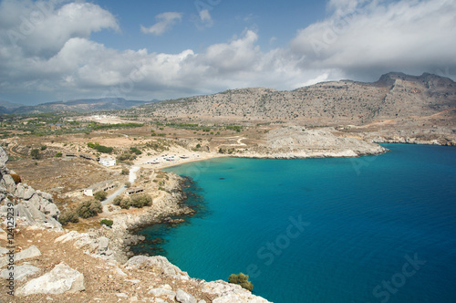 Agathi beach  Haraki  Rhodes Island  Greece. Agathi beach is one of the best beaches in Rhodes. Agathi beach has soft sand and shallow water  making it ideal for families with children.