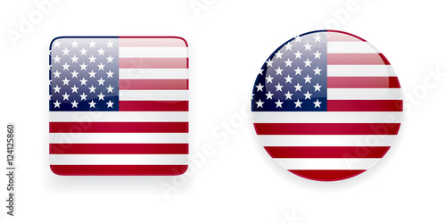 American flag vector icon set. Glossy square icon and round icon with flag of the USA on white background.