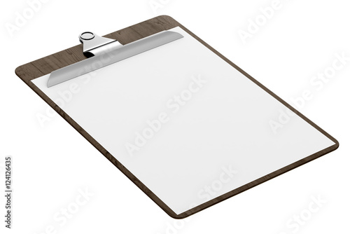 wooden clipboard with blank paper isolated on white background