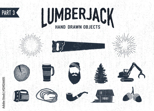 Hand drawn lumberjack textured icons set 3. Vector illustrations.