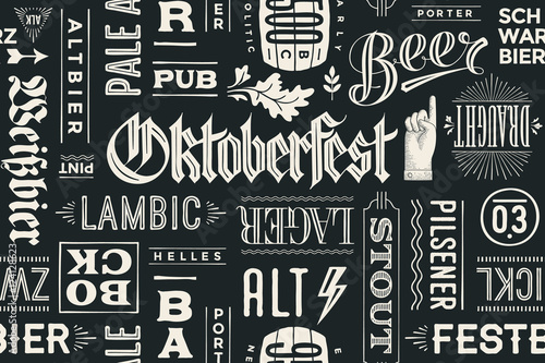Seamless pattern with types of beer and hand drawn lettering for Oktoberfest Beer Festival. Vintage drawing for placemat, bar menu, t-shirt print and beer themes. Vector Illustration