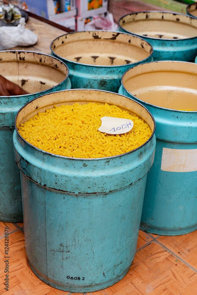 barrel of noodles at market in morocco with price label barrel of noodles at market in morocco with price label