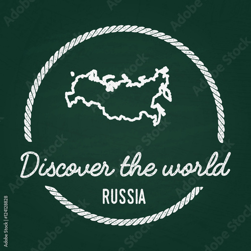 White chalk texture hipster insignia with Russian Federation map on a green blackboard. Grunge rubber seal with country outlines, vector illustration.