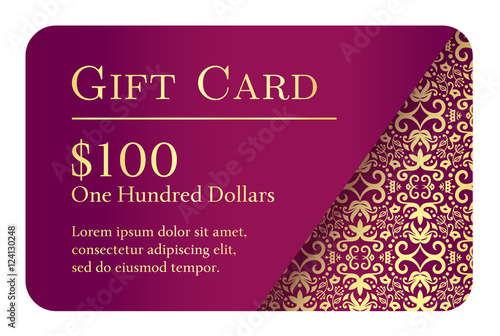 Vintage purple gift card with golden lace ornament in right corner