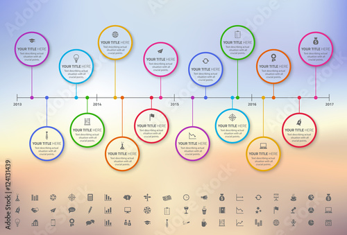 Modern rainbow timeline with circle milestones with pastel fill. Set of icons included