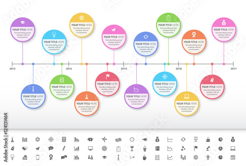 Modern rainbow timeline with circle milestones with pastel fill. Set of icons included