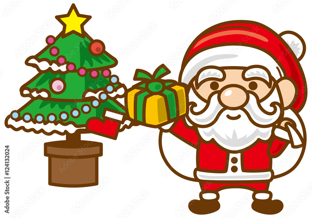 かわいいサンタクロースとクリスマスツリーのイメージイラスト Stock Vector Adobe Stock