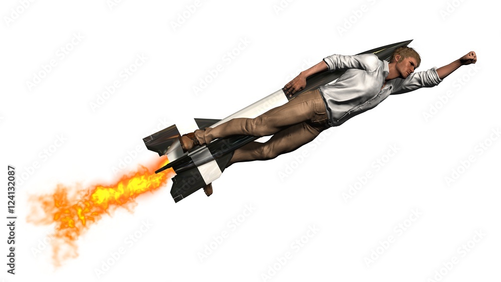 man flying with jet pack rocket isolated on white