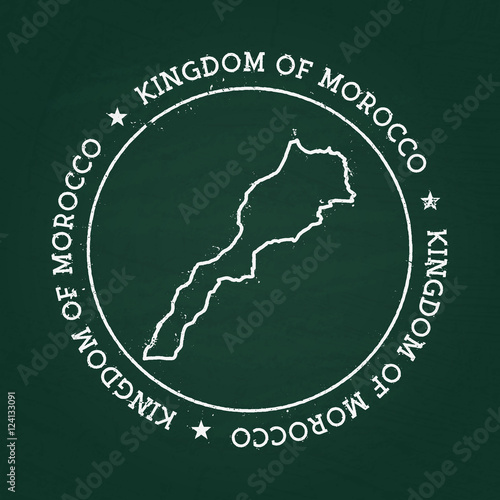White chalk texture rubber seal with Kingdom of Morocco map on a green blackboard. Grunge rubber seal with country outlines, vector illustration.