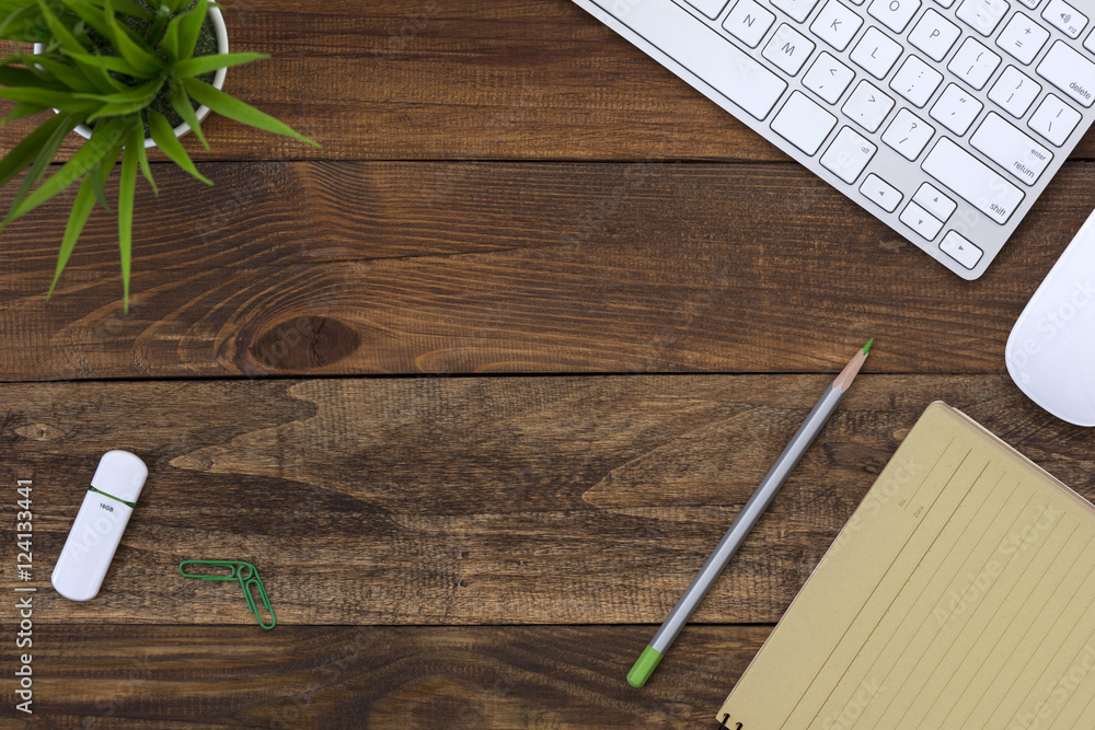 Wood Table top View working Place with yellow Paper Page Wood Table top View working Place with yellow Paper Page
