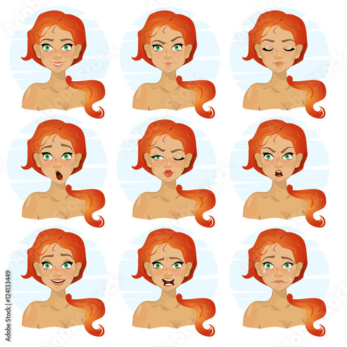 Attractive young woman on nine different face expressions set. V