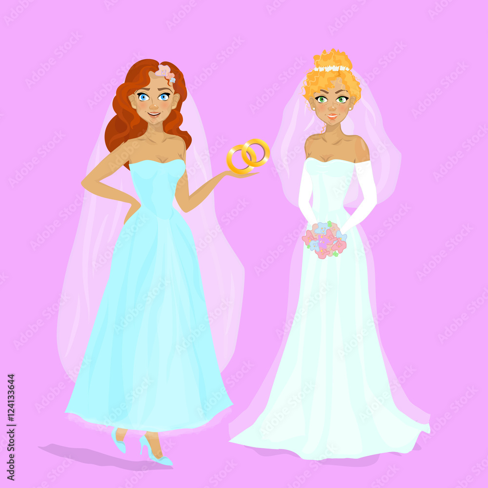 Wedding of two lesbians girls vector cartoon. Vector illustratio