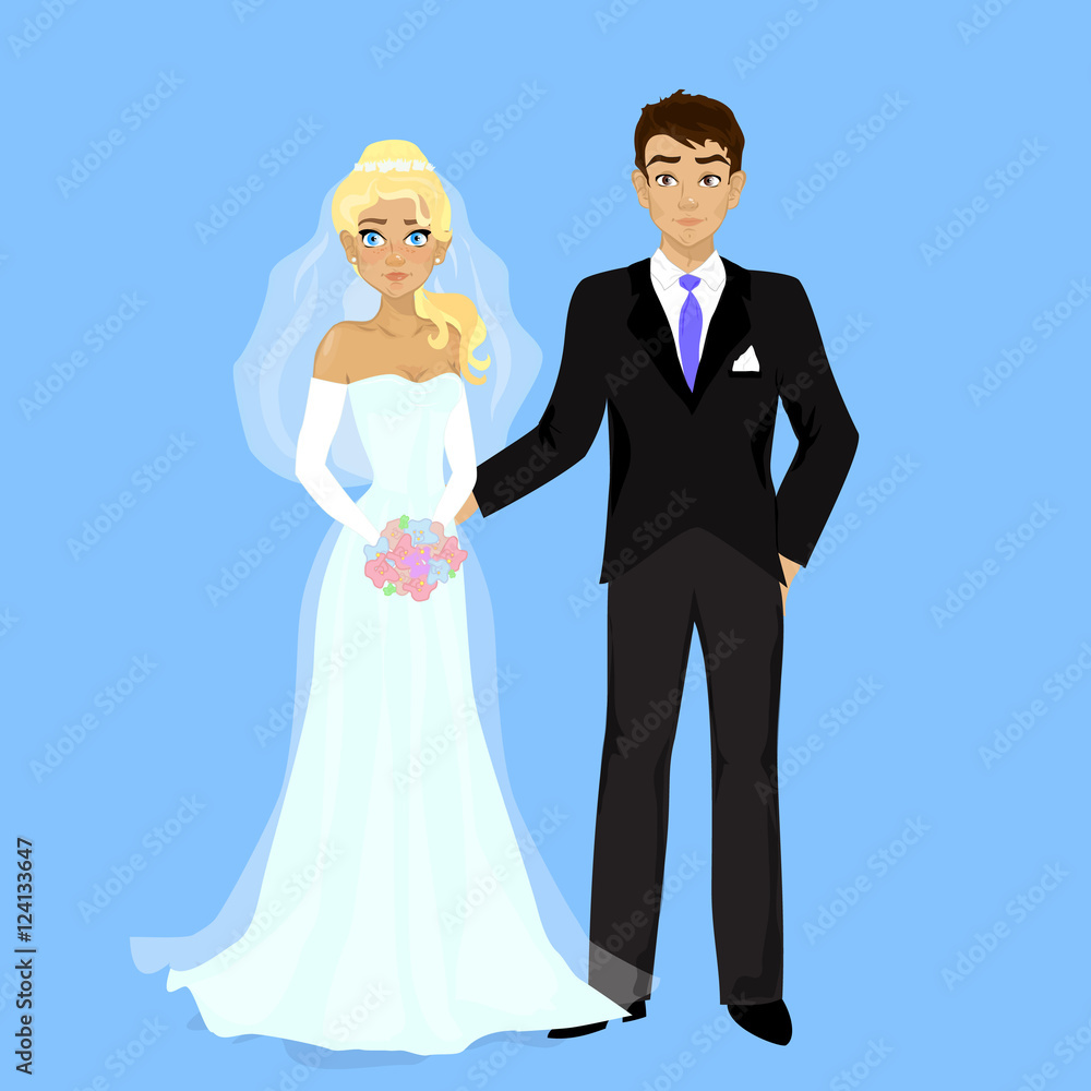 Vector cartoon illustration of young happy newlyweds bride and g