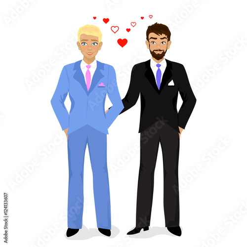 Cartoon illustration of happy gay wedding couple on white backgr