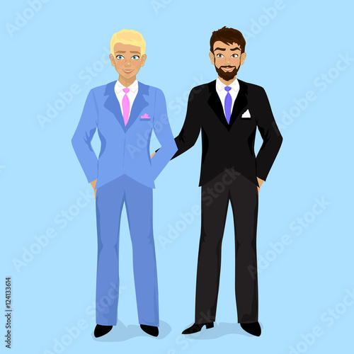 Cartoon illustration of happy gay wedding couple on blue backgro
