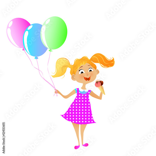 Cartoon illustration of cute girl with ice cream and balloons. V