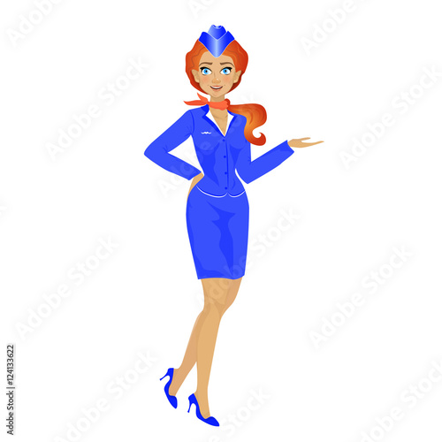Cartoon illustration of beautiful  stewardess on white backgroun