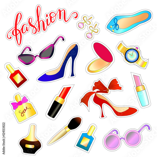 Fashion icons patch with lipstick, powder, shoes, earrings, perf
