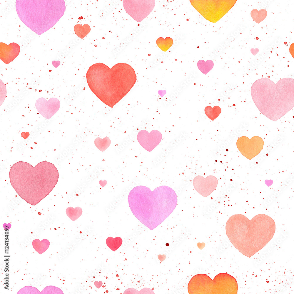 Seamless pattern with watercolor hand-drawn heart