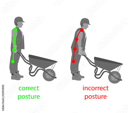 correct posture worker who carries a wheelbarrow. medical advice. vector illustration.