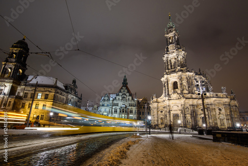 Dresden's Old Town at night in winter, the trace of the tram