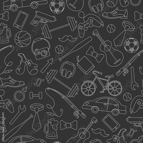 Seamless pattern on the theme of male Hobbies and habits,simple hand-drawn white contour icons on  black background