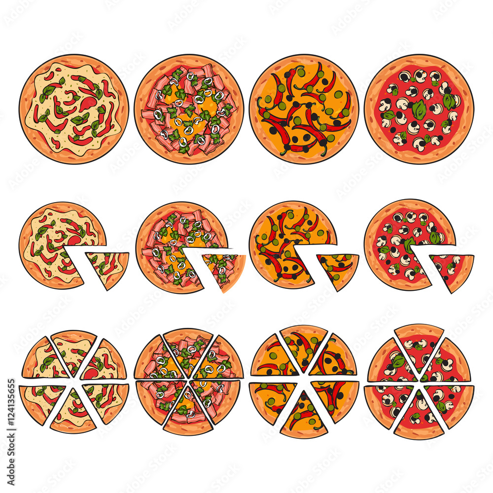 Four types of pizza, whole and sliced into pieces, sketch style vector illustration isolated on white background. Traditional Italian pizza with cheese, chili pepper, bacon and mushrooms