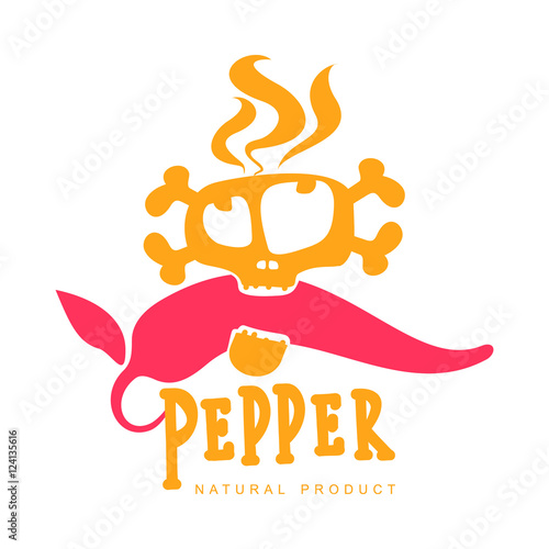 pink and orange of chili pepper vector logo illustration, isolated on white background. Hot and spice chili pepper logo, skull and bones, mexican cuisine, sombrero and cigar