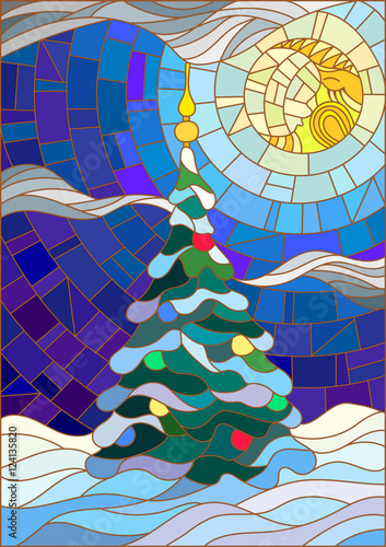 Illustration in the style of stained glass, decorated Christmas tree on the background of snow and night sky with the moon
