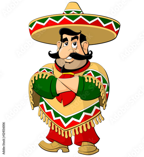 Cartoon Mexican man in a sombrero and poncho.