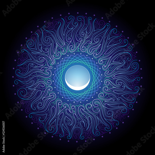 nonrecurring floral wavy circular pattern and the moon, vector