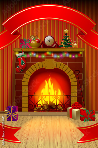 Christmas card with red ribbon, fireplace in interior and gifts