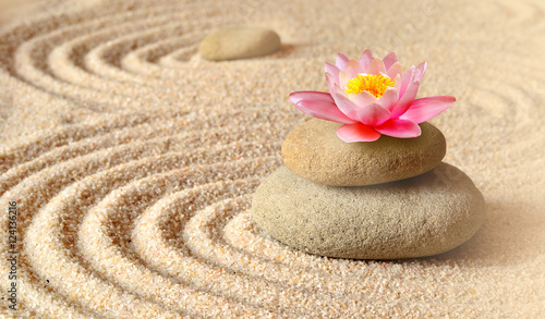 Sand, flower lily and spa stones in zen garden
