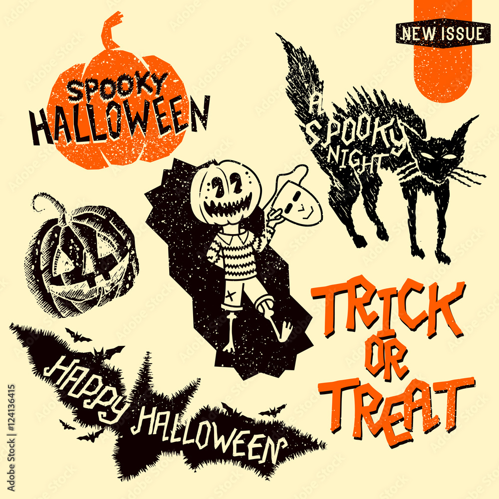 Fototapeta premium Set of retro vintage halloween design elements including signs, lettering and hand drawn characters. Vector illustration