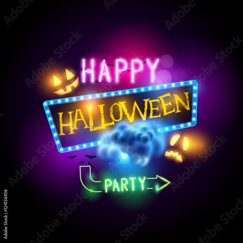 Happy halloween sign with jack O Lanterns and neon letters. Vector illustration.