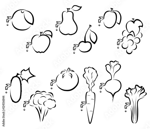 Icons of fruits and vegetables with a tap from dripping juice