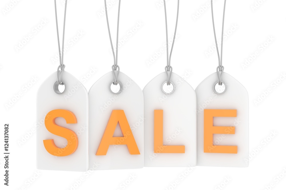 Colorful isolated sale labels on white background. Price tags. Special offer and promotion. Store discount. Shopping time. Orange letters on white labels. 3D rendering. Colorful isolated sale labels on white background. Price tags. Special offer and promotion. Store discount. Shopping time. Orange letters on white labels. 3D rendering.