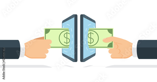 Businessmen sending and receiving money by means of modern wireless technology. Cartoon hand gives banknote through banking payment app. Vector illustration in flat style.
