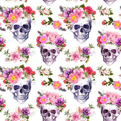 Sierkussen Doodshoofd met bloemen patronen Aquarel schedels met wilde bloemen  © zzorik