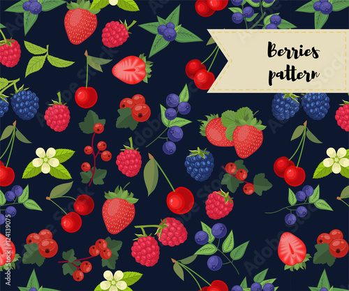 vector seamless pattern with different berries. strawberry, raspberry, cherry, redcurrant, blueberry, blackberry.