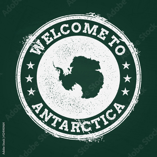 White chalk texture retro stamp with Antarctica map on a green blackboard. Grunge rubber seal with country outlines, vector illustration.