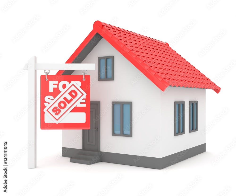 Isolated model of house with sign for sale sold. Concept of real estate, new apartment and moving to a new house. 3D rendering. Isolated model of house with sign for sale sold. Concept of real estate, new apartment and moving to a new house. 3D rendering.