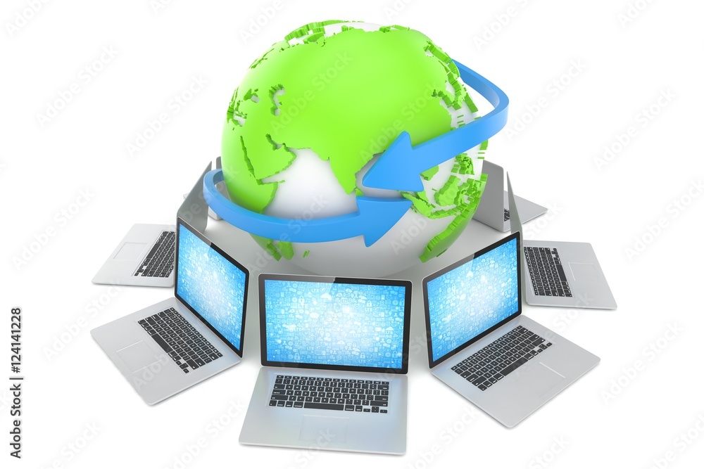 Laptop network around earth globe. 3d render Laptop network around earth globe. 3d render